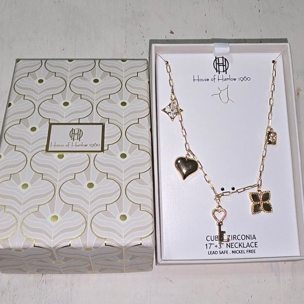 House of Harlow 1960 Gold Charm Necklace Heart Key Flower Star New